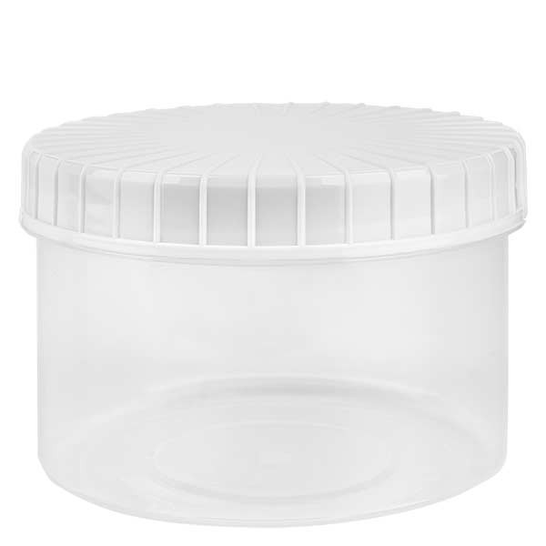 Kunststof pot 250ml transparant met geribbeld wit schroefdeksel van PE, standaard gegroefde sluiting | Schroefdozen | Kunststof producten | Glazen-en-Potten.nl